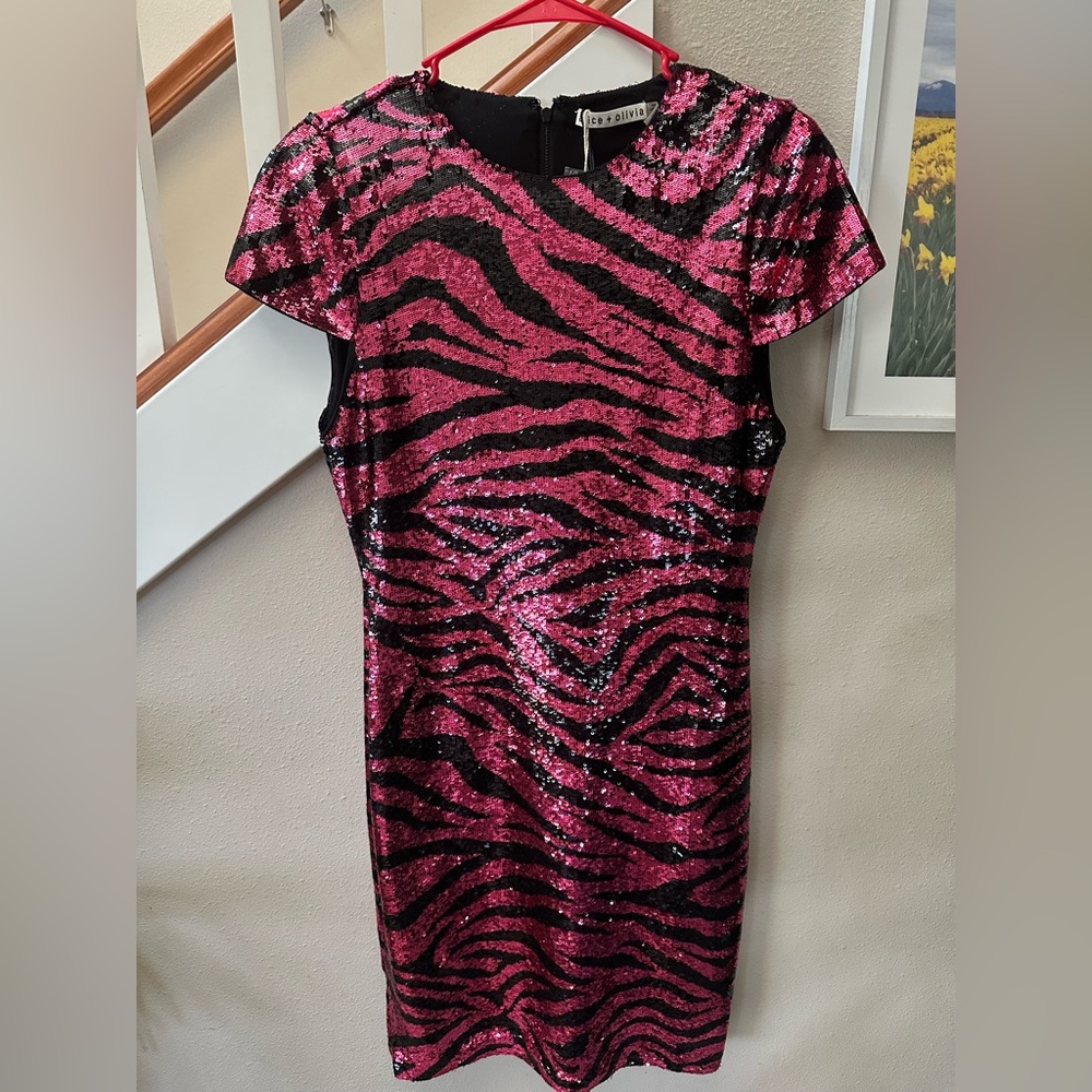 NWT Alice + Olivia Pink and Black Nat Zebra Sequin Mini Dress